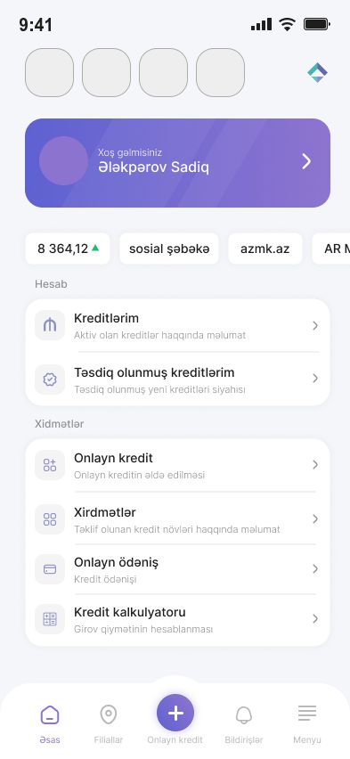 AZMK Mobile tətbiqində kredit və ödənişlərin idarə edilməsi ekranı