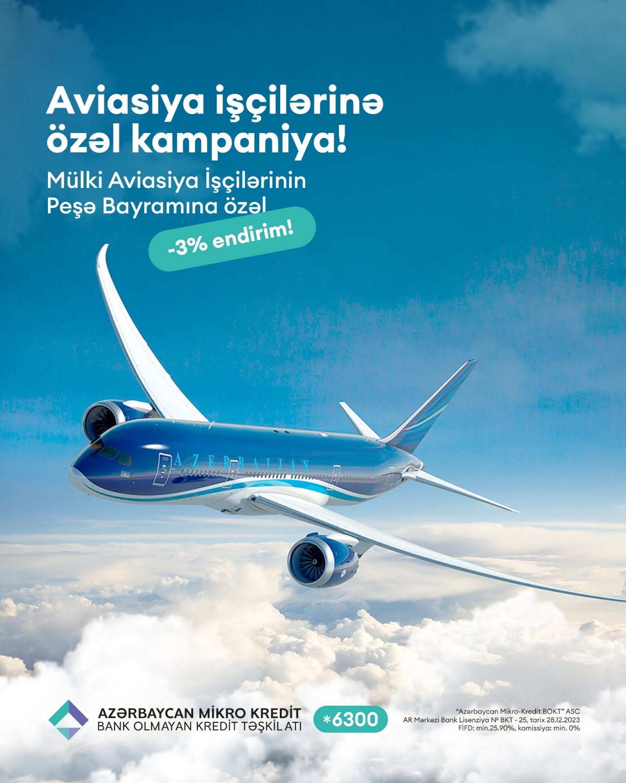 Buludlar üzərində uçan təyyarə, aviasiya işçilərinə özəl 3 faiz endirim elanı